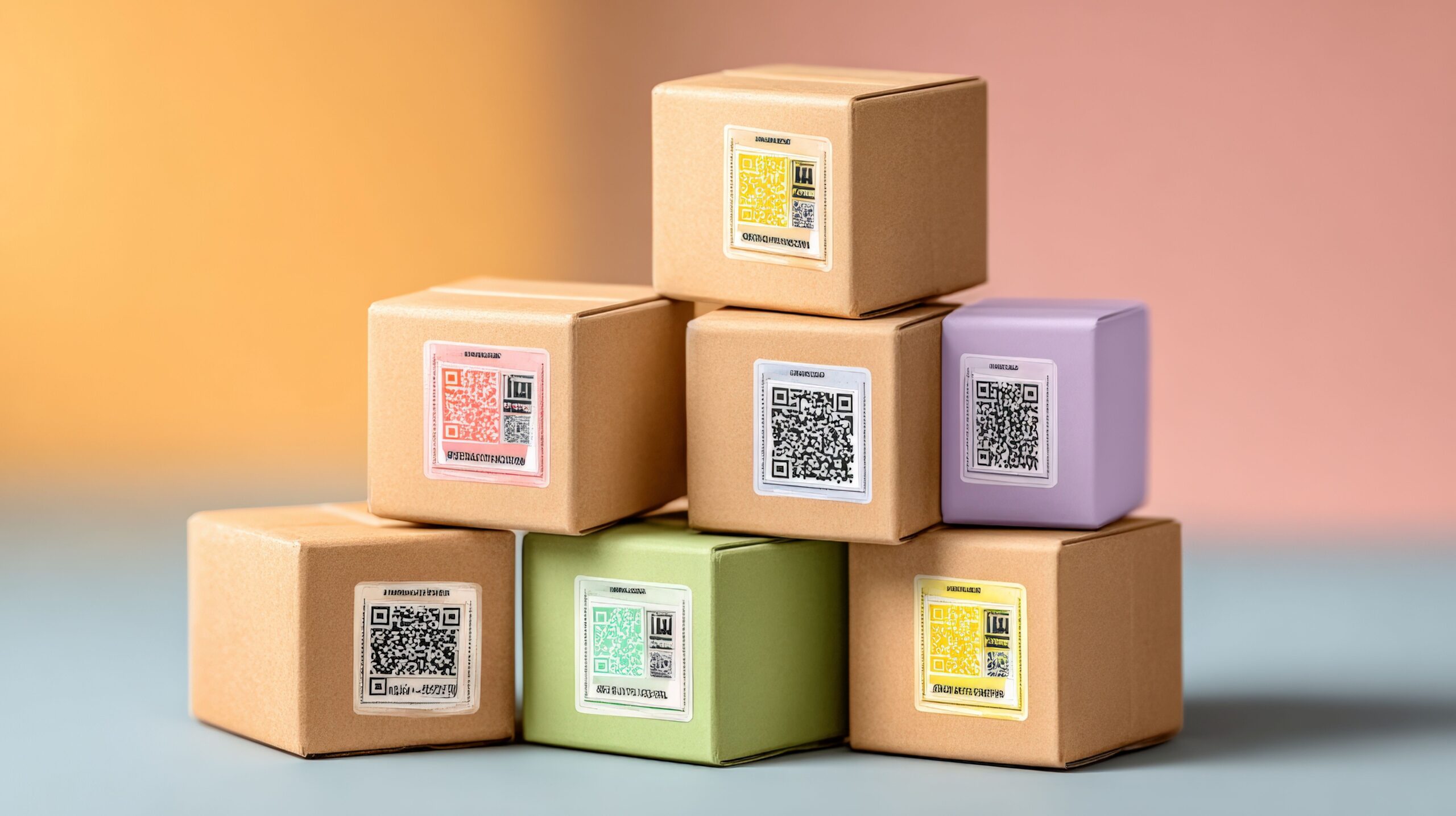 Kleine Versandkartons mit individuell bedruckten Etiketten und QR-Codes in verschiedenen Farben