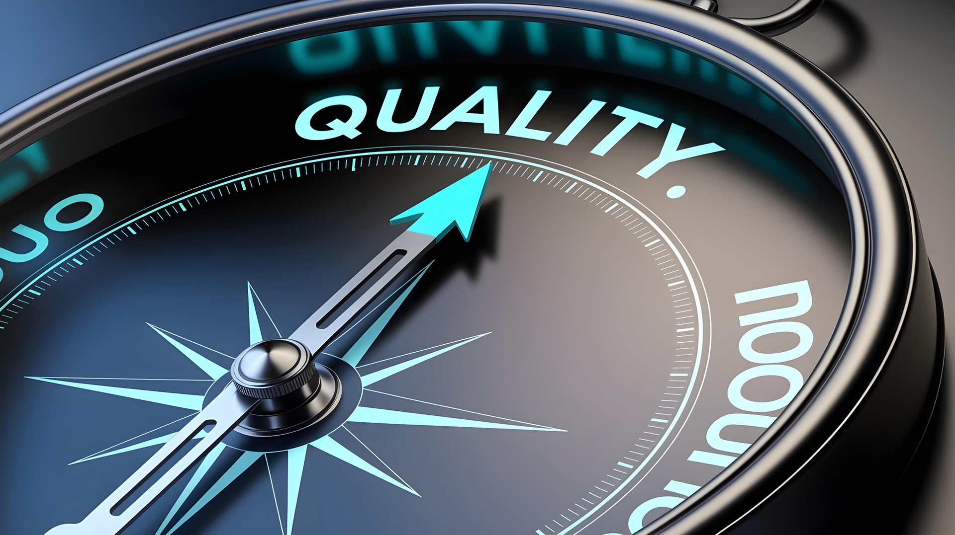 Kompass mit Pfeil auf das Wort Quality als Symbol für Qualität | klinische Bewertung